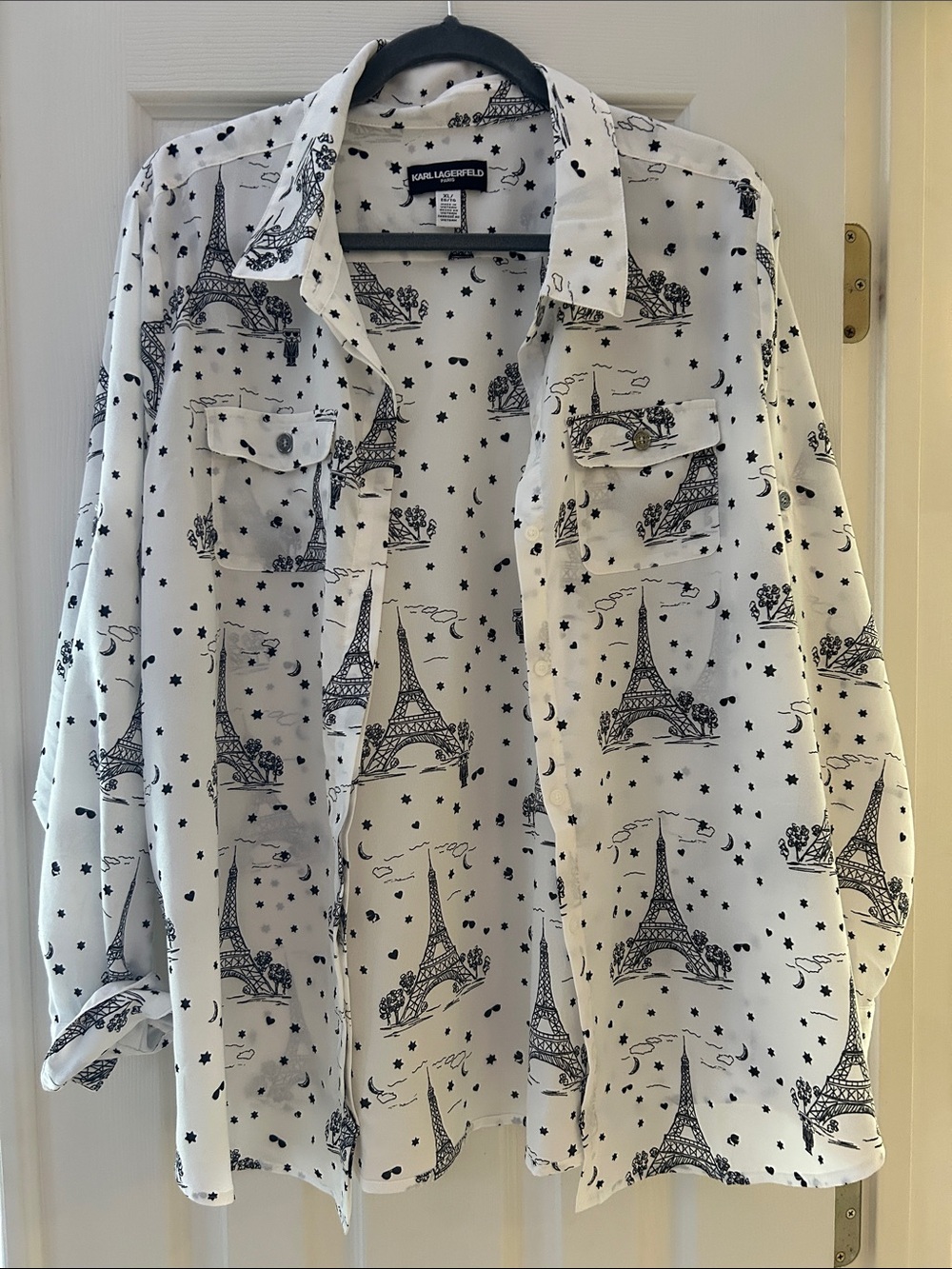 Karl Lagerfeld White and Black Eiffel Tower Print Button-Up Blouse